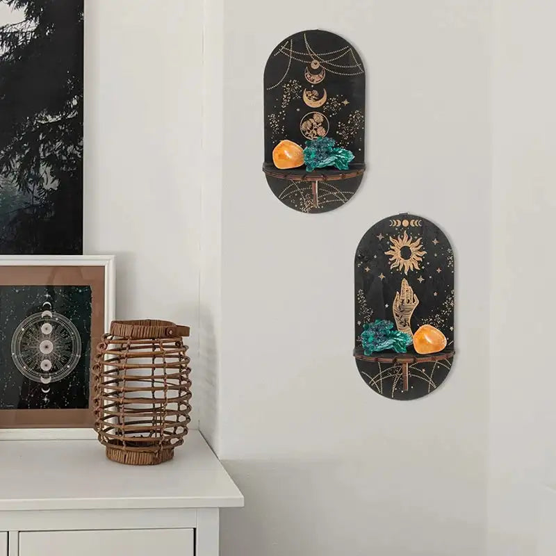 Bohemian Wooden Crystal Display Shelf – Floating Wall-Mounted Holder Rack for Crystals, Jewelry, and Home Decor