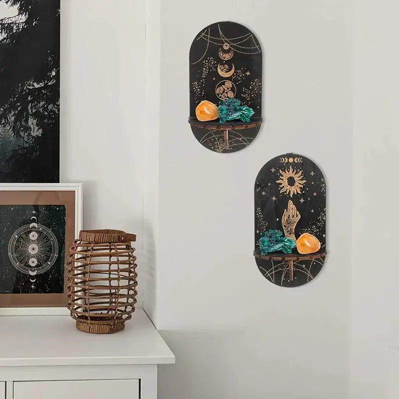 Bohemian Wooden Crystal Display Shelf – Floating Wall-Mounted Holder Rack for Crystals, Jewelry, and Home Decor