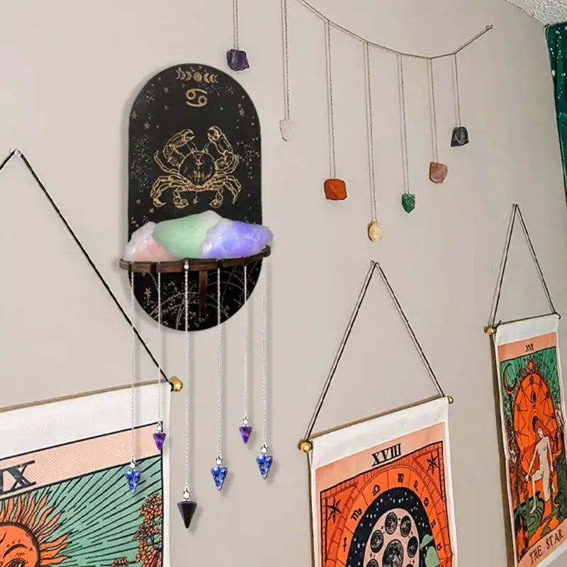 Bohemian Wooden Crystal Display Shelf – Floating Wall-Mounted Holder Rack for Crystals, Jewelry, and Home Decor