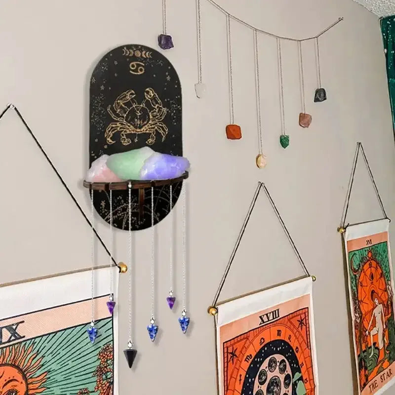 Bohemian Wooden Crystal Display Shelf – Floating Wall-Mounted Holder Rack for Crystals, Jewelry, and Home Decor
