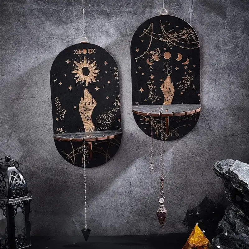 Bohemian Wooden Crystal Display Shelf – Floating Wall-Mounted Holder Rack for Crystals, Jewelry, and Home Decor