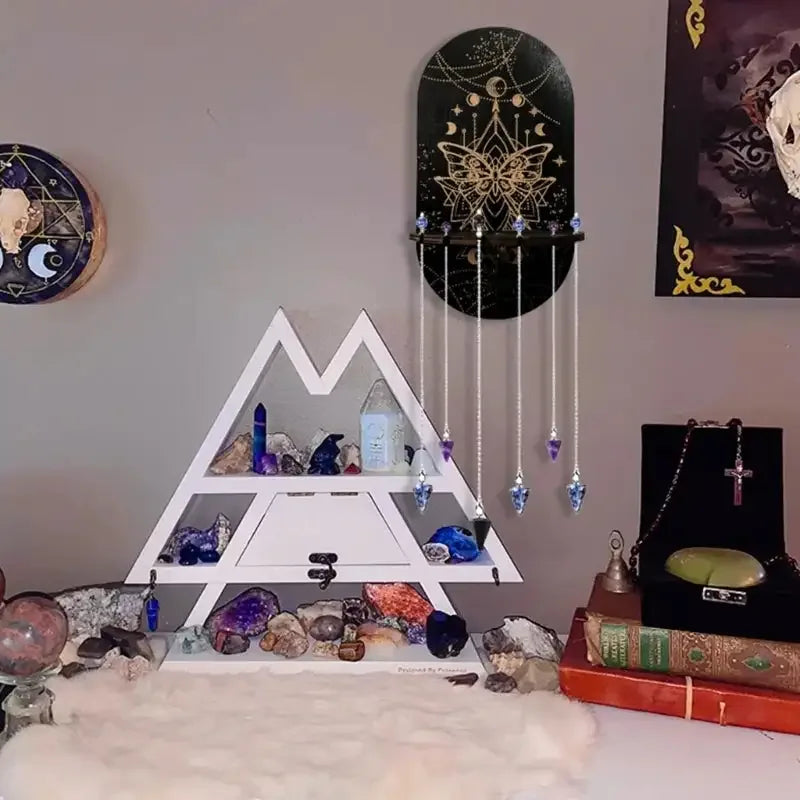 Bohemian Wooden Crystal Display Shelf – Floating Wall-Mounted Holder Rack for Crystals, Jewelry, and Home Decor