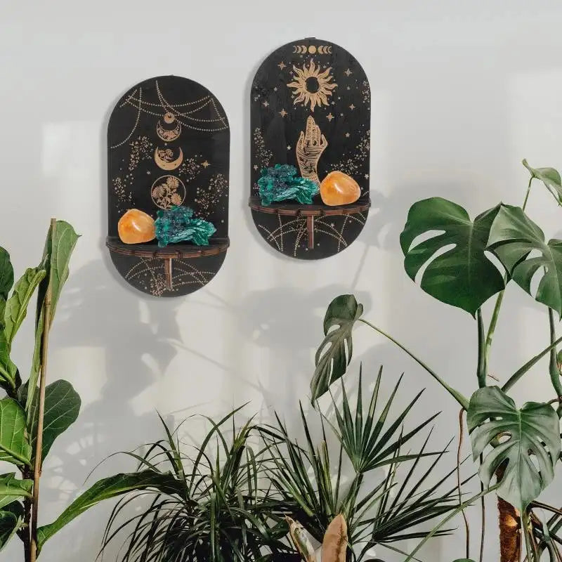 Bohemian Wooden Crystal Display Shelf – Floating Wall-Mounted Holder Rack for Crystals, Jewelry, and Home Decor