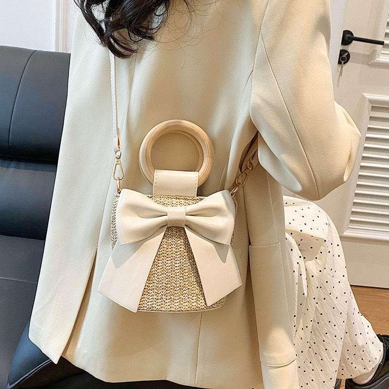 Wooden Handle Handwoven Bag | Cotton Rope Crossbody Bag with Adjustable Strap for Check-Ins & Photos