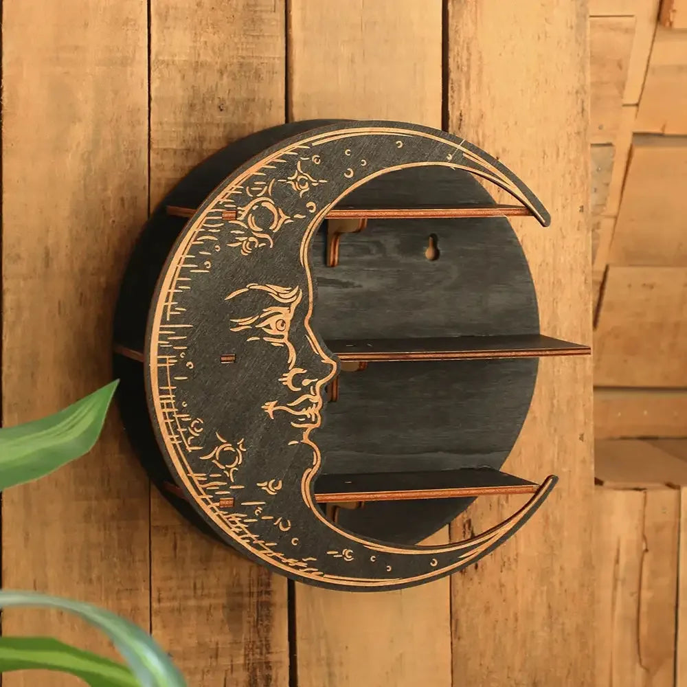 Wooden Moon Face Crystal Display Shelf – Bohemian Wall-Mounted Floating Shelf for Jewelry, Crystals, and Room Decoration Crystal shelf M01376