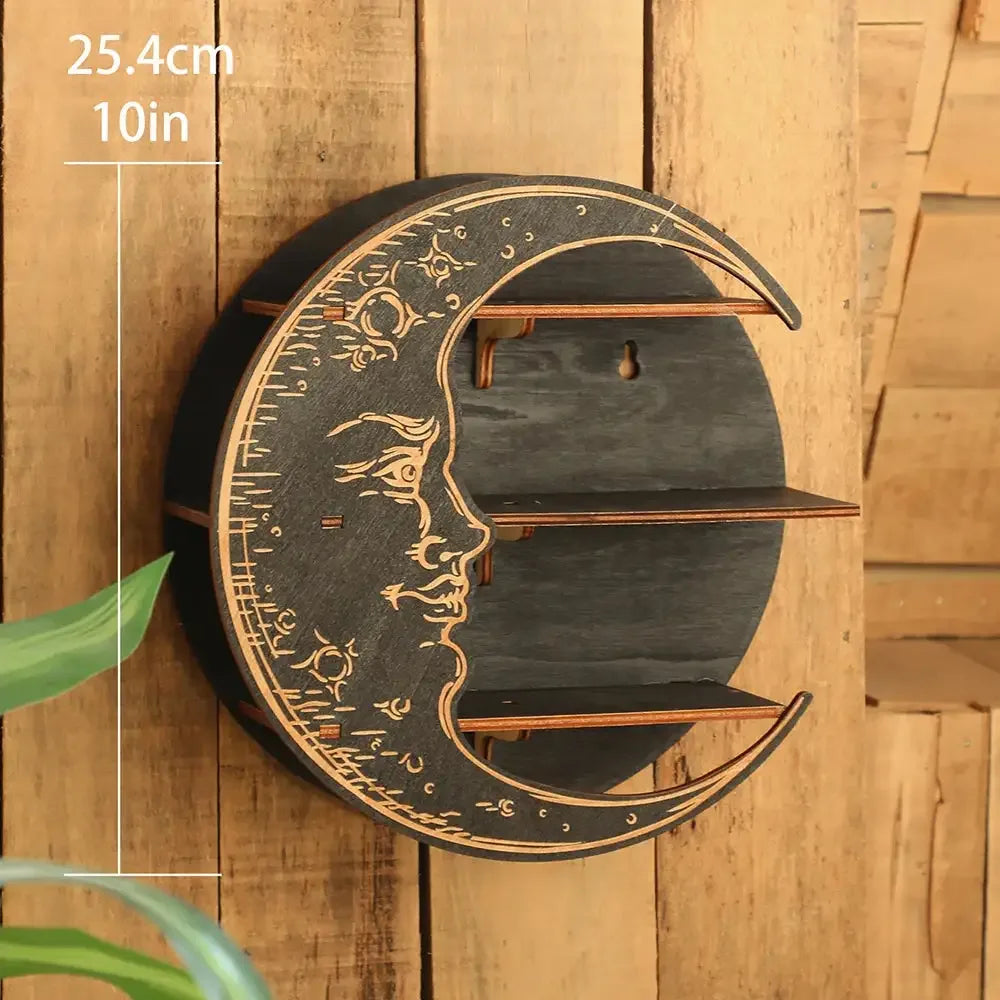 Wooden Moon Face Crystal Display Shelf – Bohemian Wall-Mounted Floating Shelf for Jewelry, Crystals, and Room Decoration