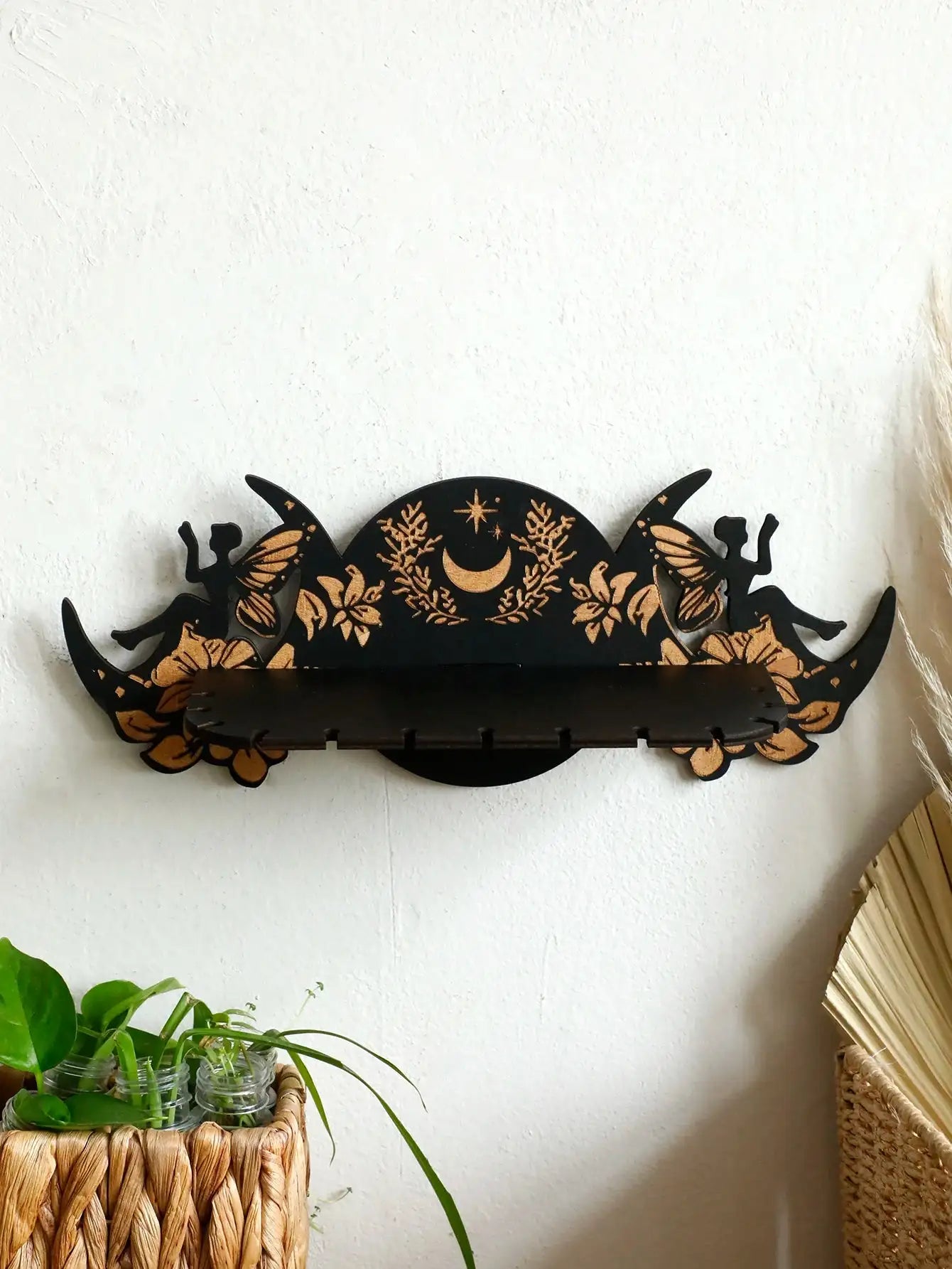 Wooden Moon Phase Crystal Stand – Elegant Wall-Mounted Altar Holder with Fairy Flower Detailing for Crystals and Spiritual Decor