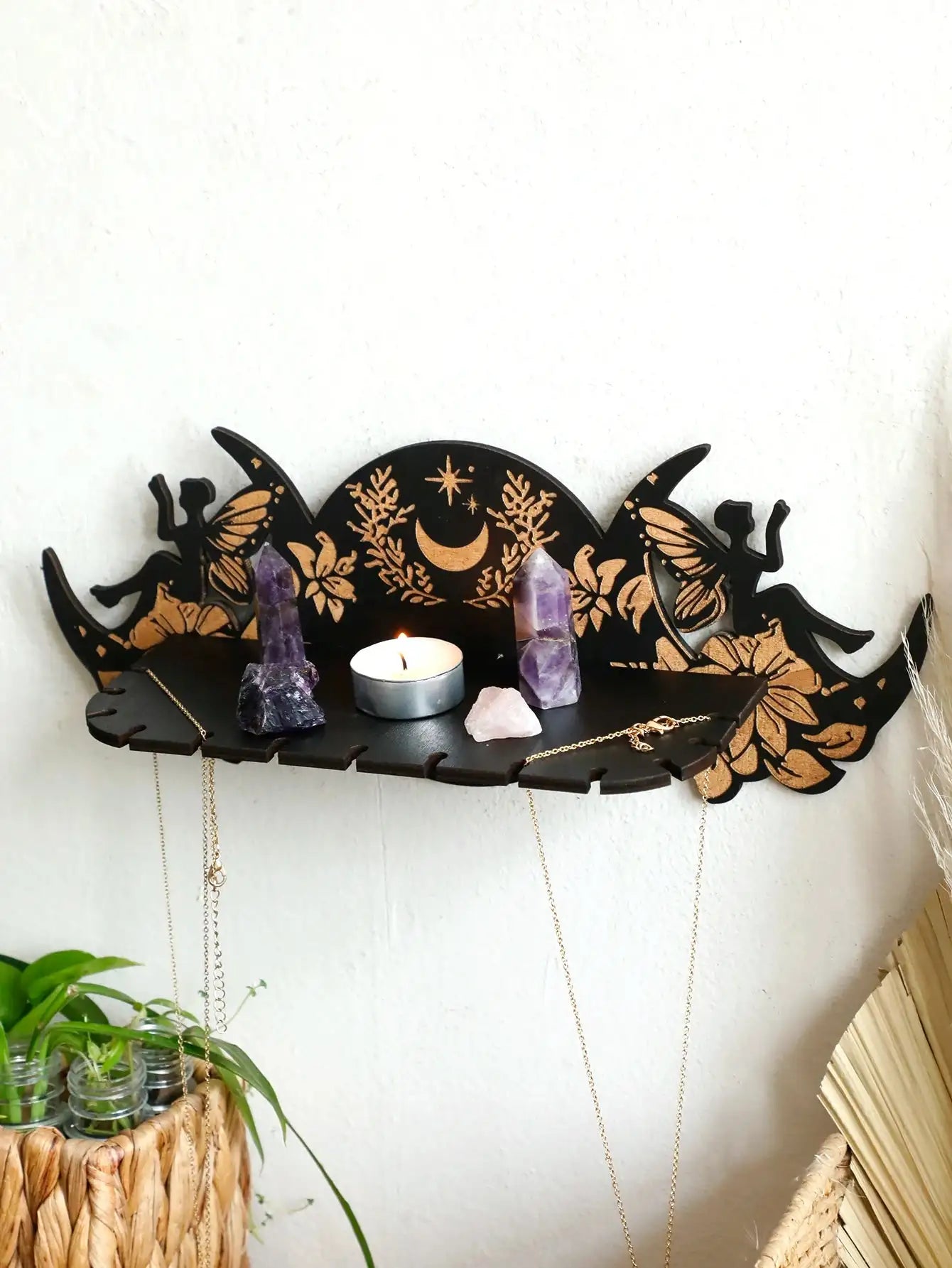 Wooden Moon Phase Crystal Stand – Elegant Wall-Mounted Altar Holder with Fairy Flower Detailing for Crystals and Spiritual Decor