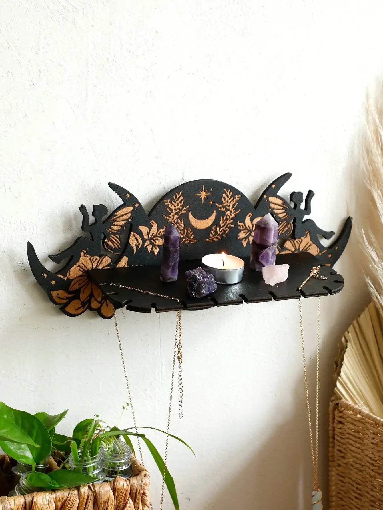 Wooden Moon Phase Crystal Stand – Elegant Wall-Mounted Altar Holder with Fairy Flower Detailing for Crystals and Spiritual Decor
