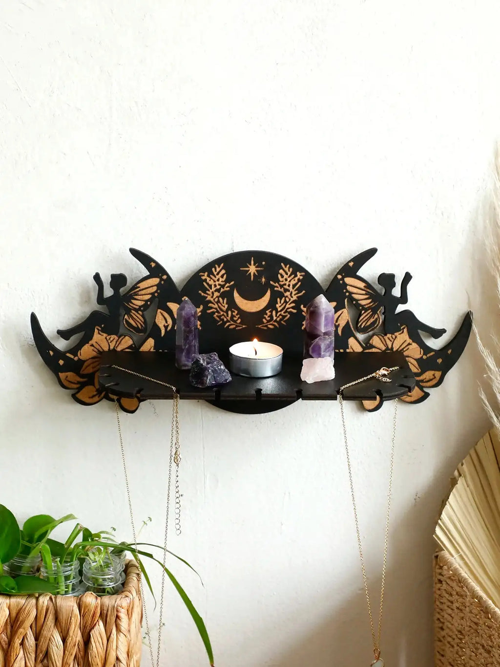 Wooden Moon Phase Crystal Stand – Elegant Wall-Mounted Altar Holder with Fairy Flower Detailing for Crystals and Spiritual Decor