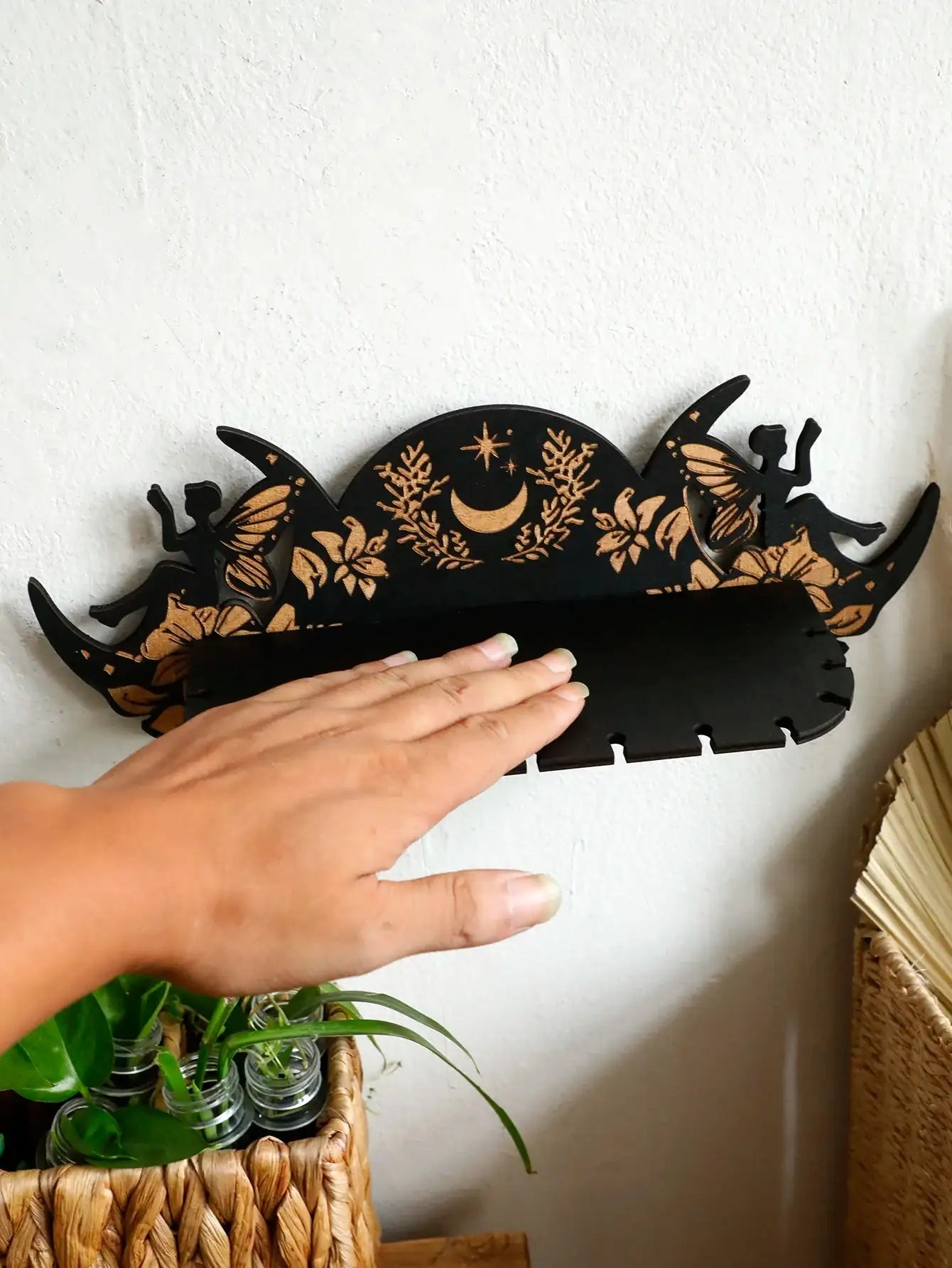 Wooden Moon Phase Crystal Stand – Elegant Wall-Mounted Altar Holder with Fairy Flower Detailing for Crystals and Spiritual Decor
