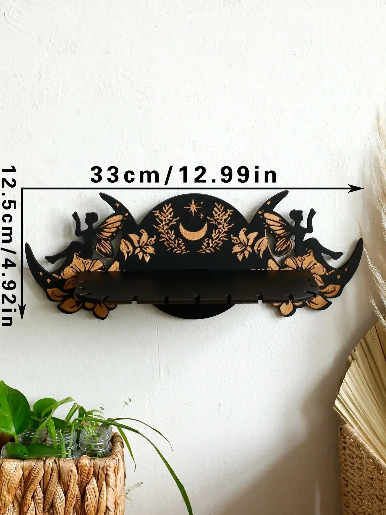 Wooden Moon Phase Crystal Stand – Elegant Wall-Mounted Altar Holder with Fairy Flower Detailing for Crystals and Spiritual Decor