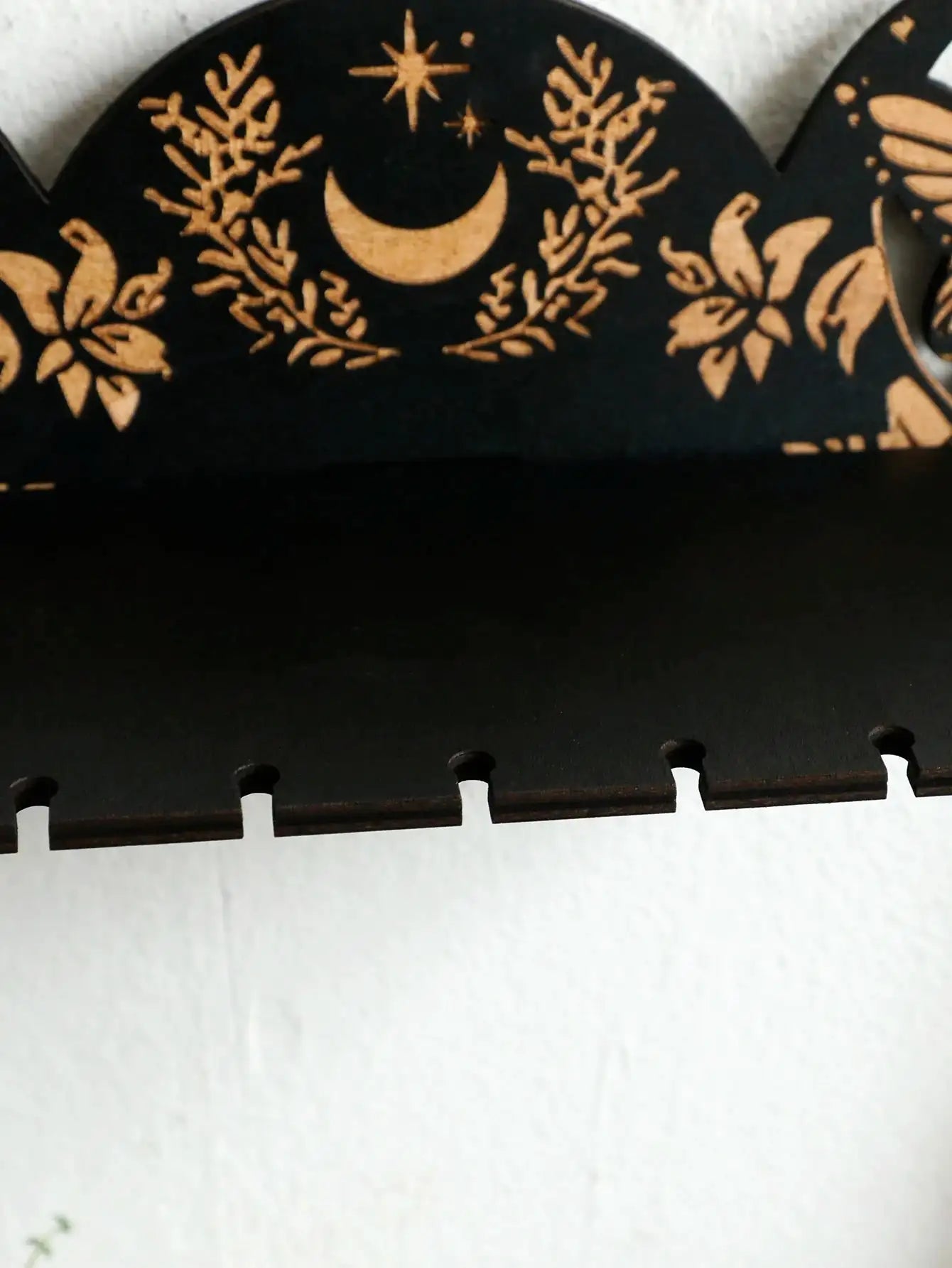 Wooden Moon Phase Crystal Stand – Elegant Wall-Mounted Altar Holder with Fairy Flower Detailing for Crystals and Spiritual Decor