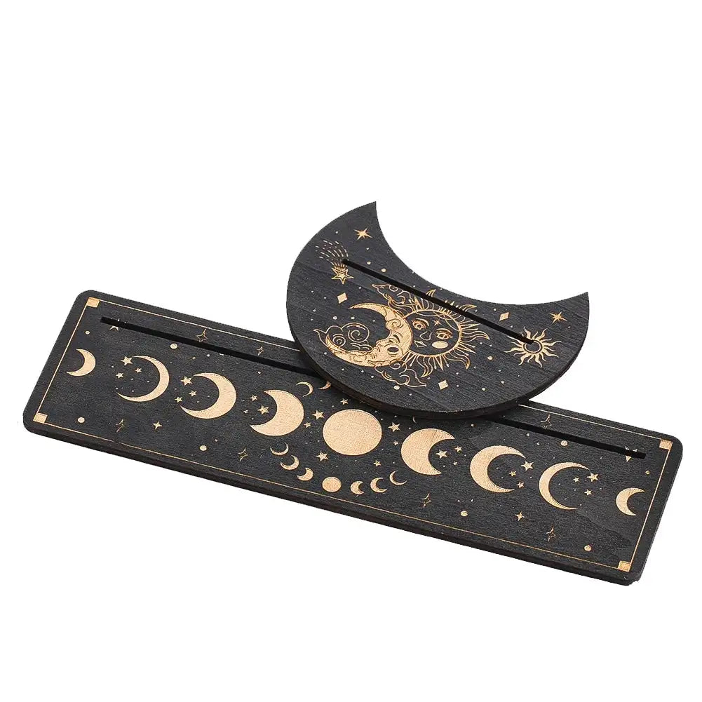 Wooden Tarot Card Stand Set – Sun & Moon Phase Altar Display Holders for Tarot, Oracle Cards, and Spiritual Decor