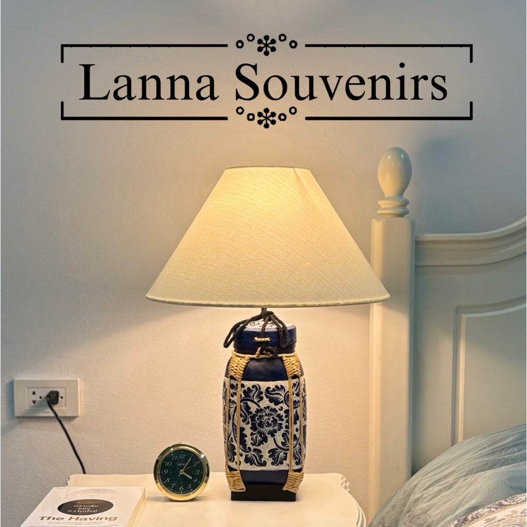 Woven bamboo rice basket lamp with fabric shade on bedside table by One-Sake.com