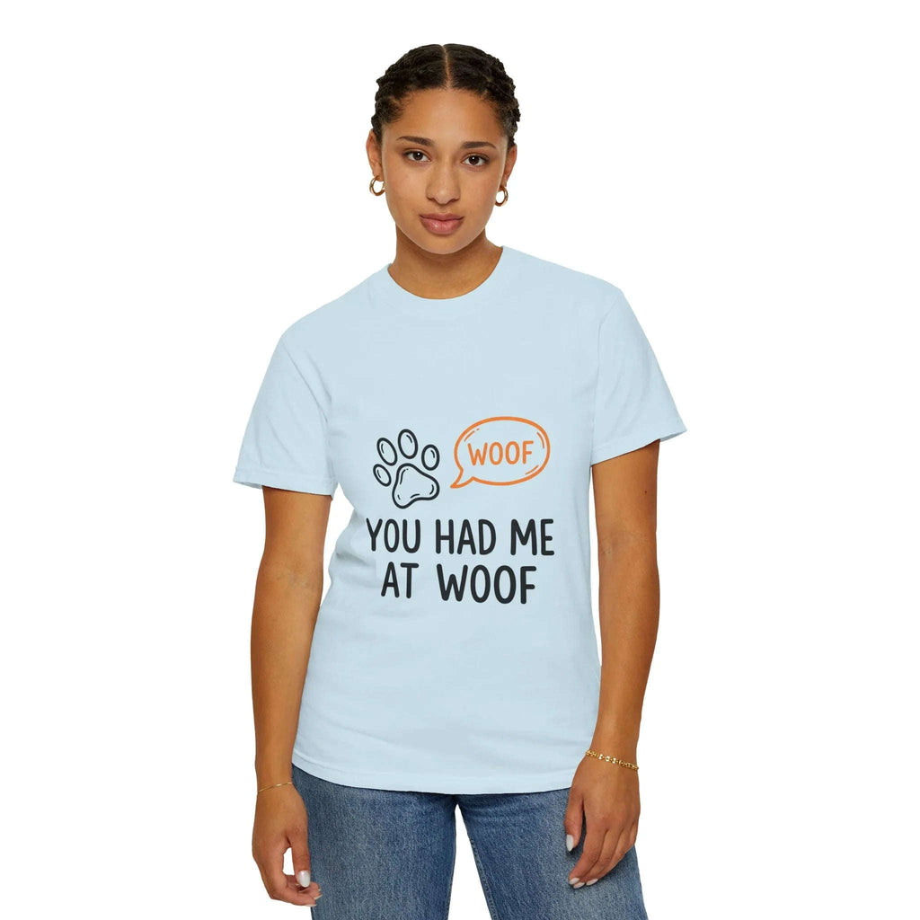 You Had Me At Woof Shirt, Dog Lover T-Shirt, Cute Paw Print Tee, Funny Dog Pun, Dog Mom Gift, Dog Dad Gift