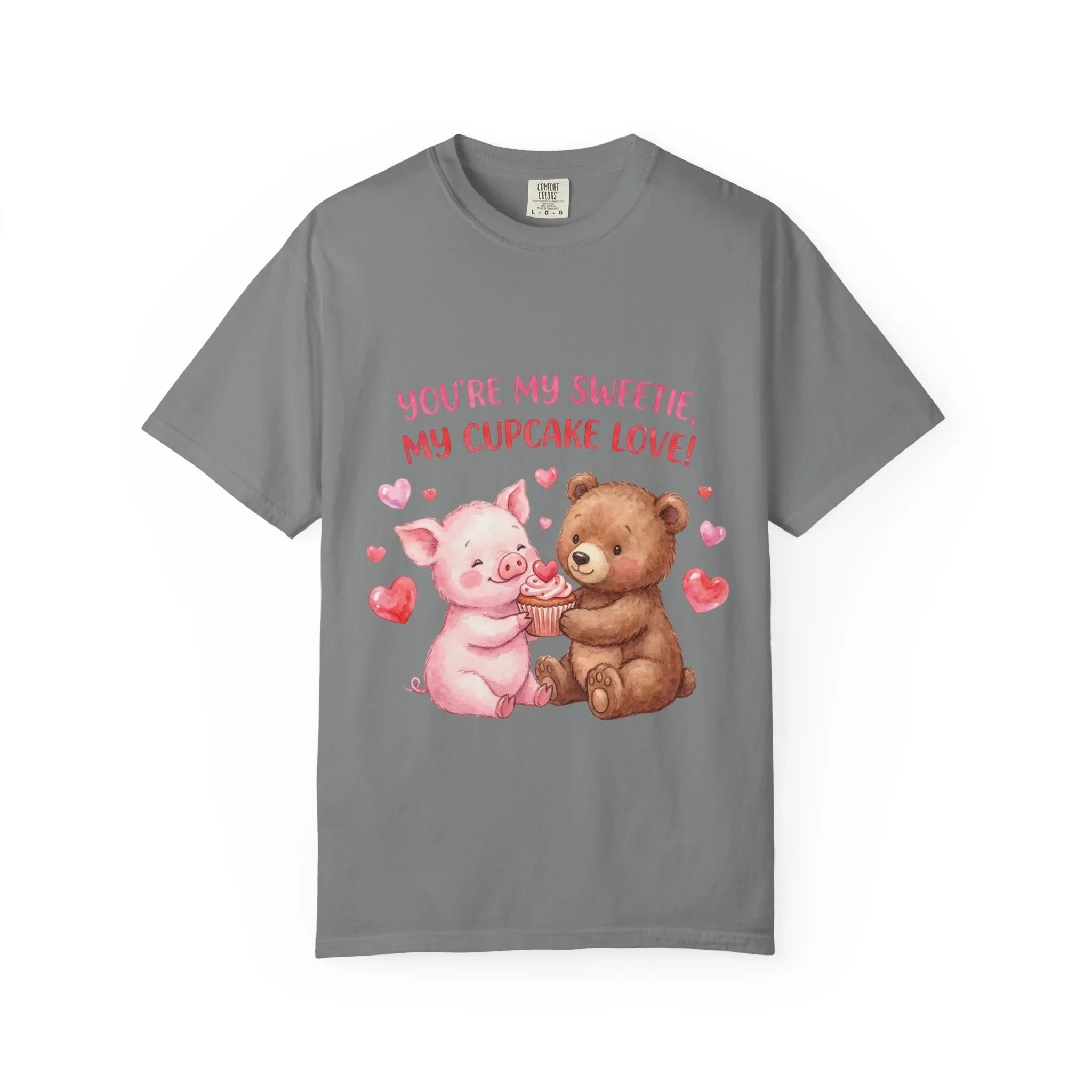 Youre My Sweetie My Cupcake Love T Shirt Cute Pig Bear Hearts Watercolor Cozy Vintage Aesthetic Gift Animal Lovers Soft Cotton Romantic Tee Grey