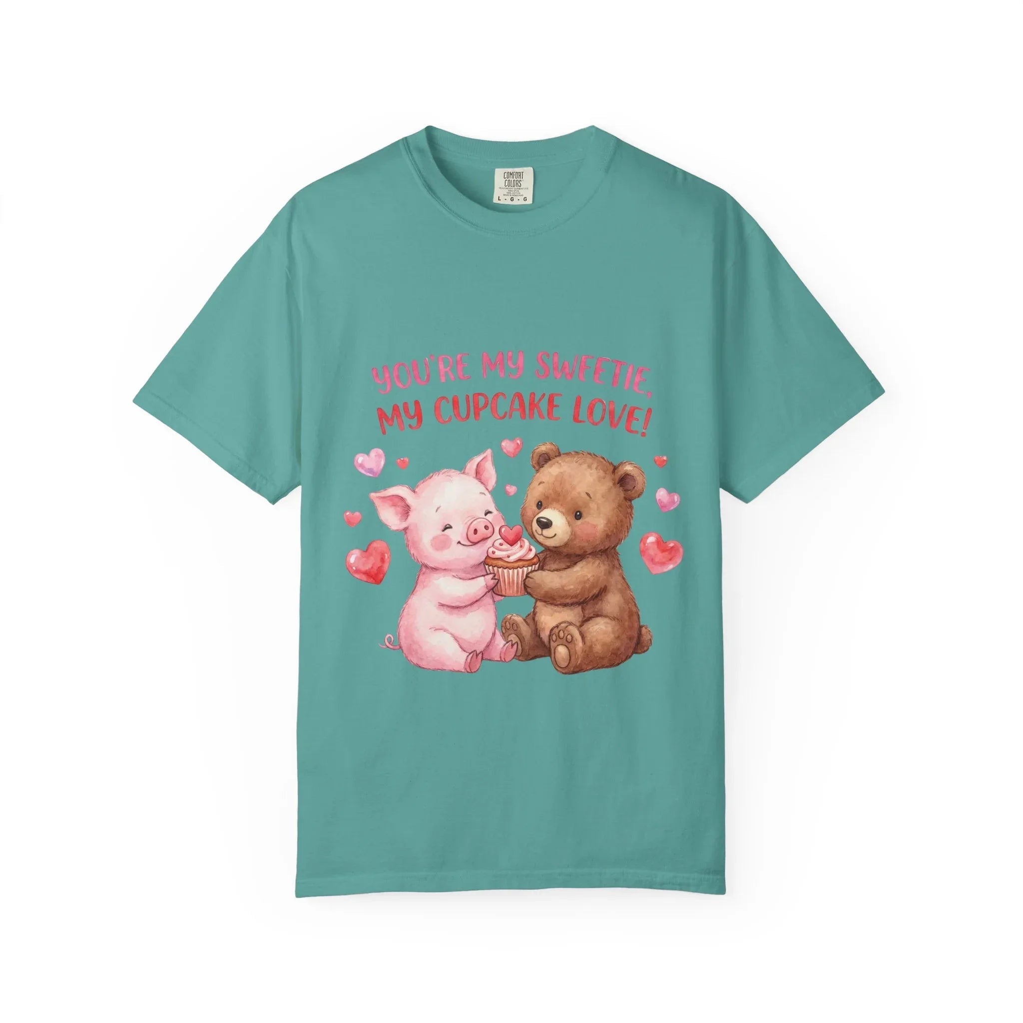 Youre My Sweetie My Cupcake Love T Shirt Cute Pig Bear Hearts Watercolor Cozy Vintage Aesthetic Gift Animal Lovers Soft Cotton Romantic Tee Seafoam