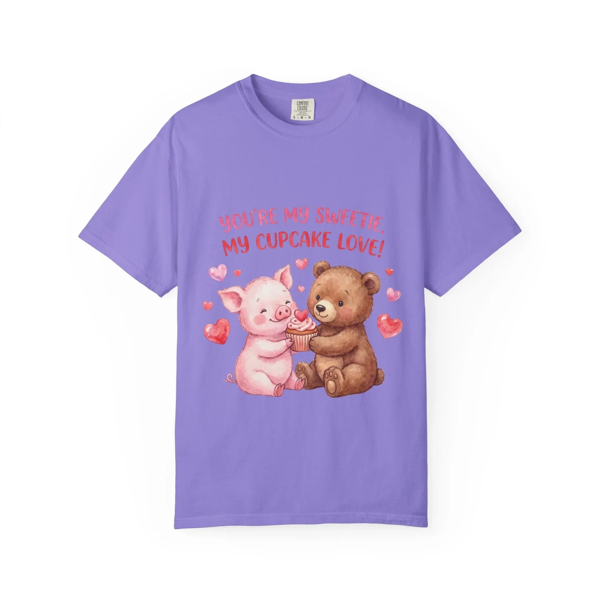 Youre My Sweetie My Cupcake Love T Shirt Cute Pig Bear Hearts Watercolor Cozy Vintage Aesthetic Gift Animal Lovers Soft Cotton Romantic Tee Violet