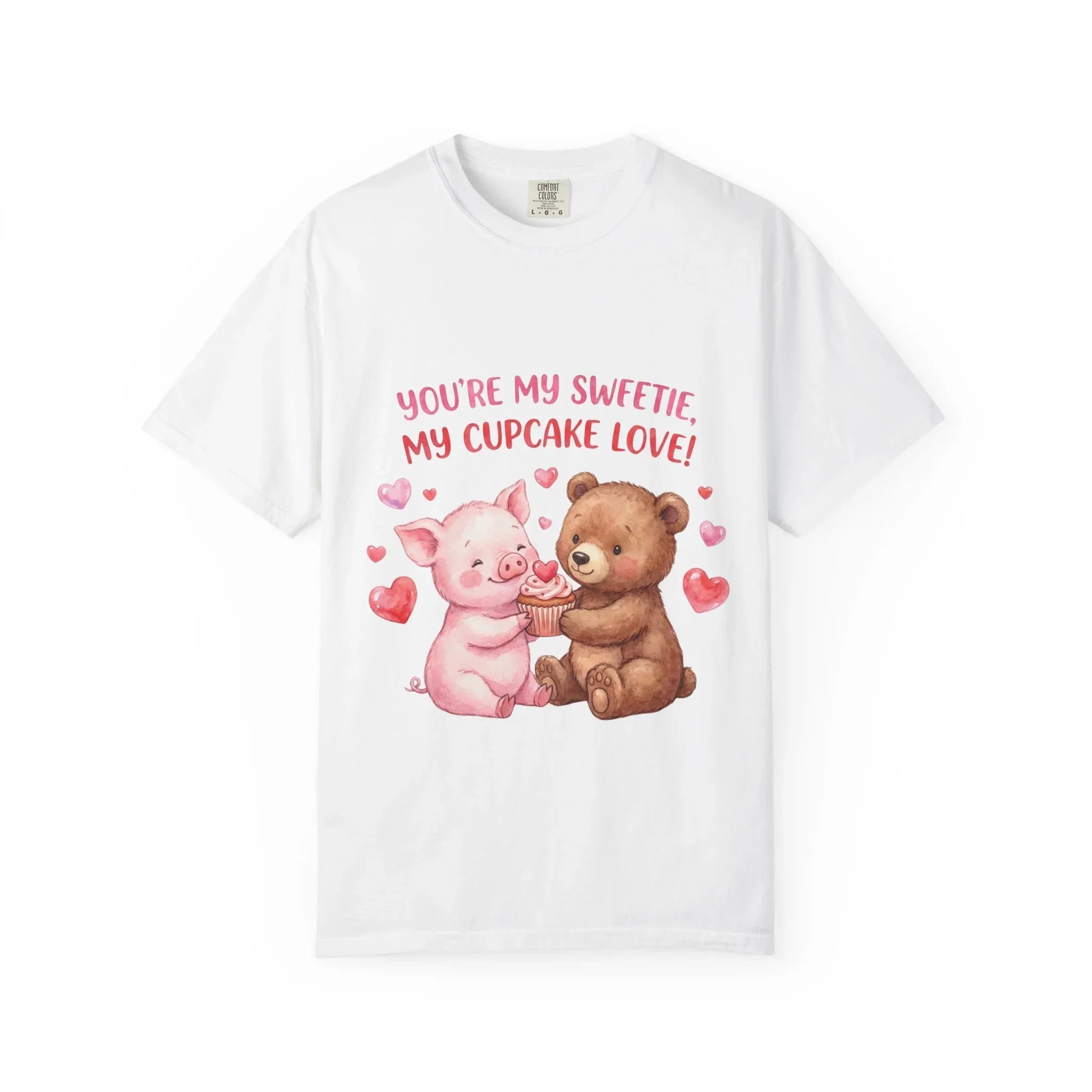 Youre My Sweetie My Cupcake Love T Shirt Cute Pig Bear Hearts Watercolor Cozy Vintage Aesthetic Gift Animal Lovers Soft Cotton Romantic Tee White