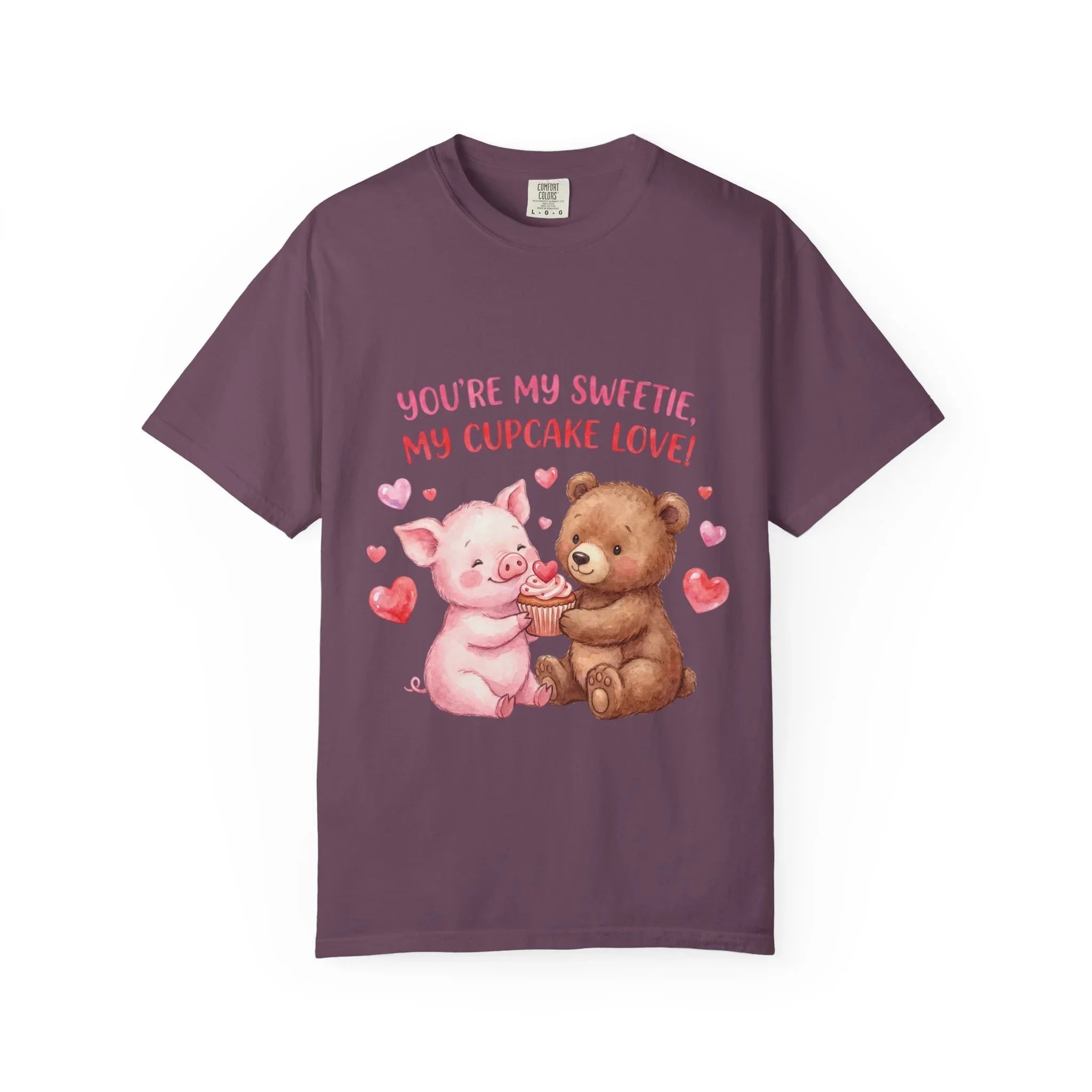 Youre My Sweetie My Cupcake Love T Shirt Cute Pig Bear Hearts Watercolor Cozy Vintage Aesthetic Gift Animal Lovers Soft Cotton Romantic Tee Berry M