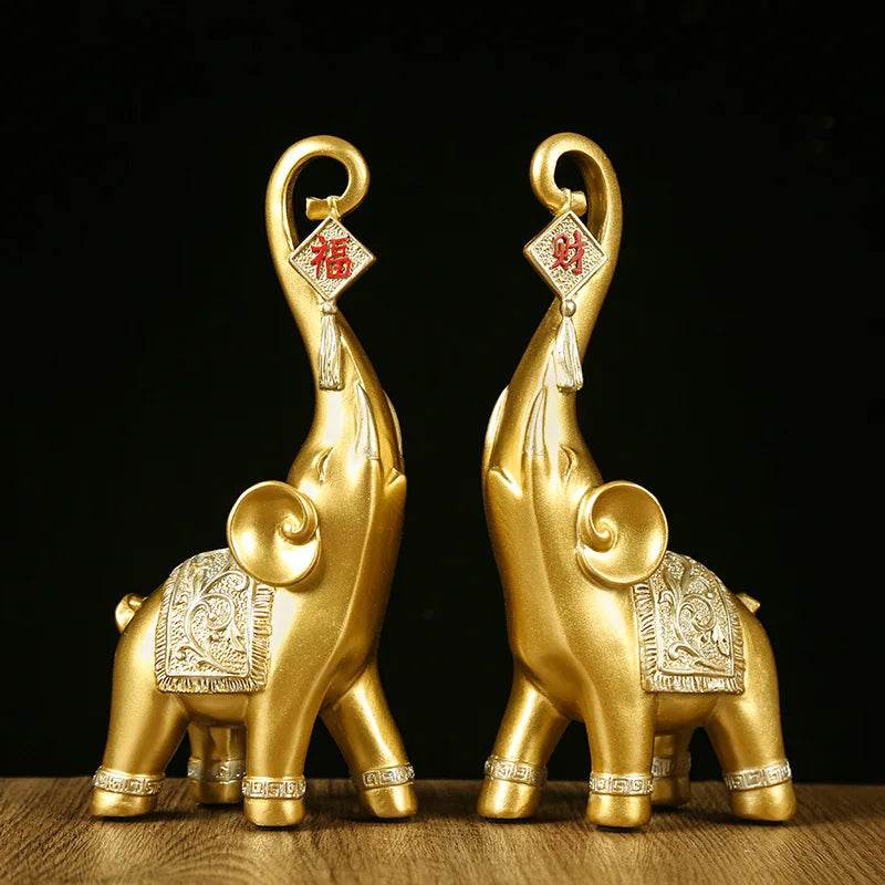 Chinese Lucky Elephant Figurine Pair - Feng Shui Wealth Elephant Statues for Home & Office Decor Golden