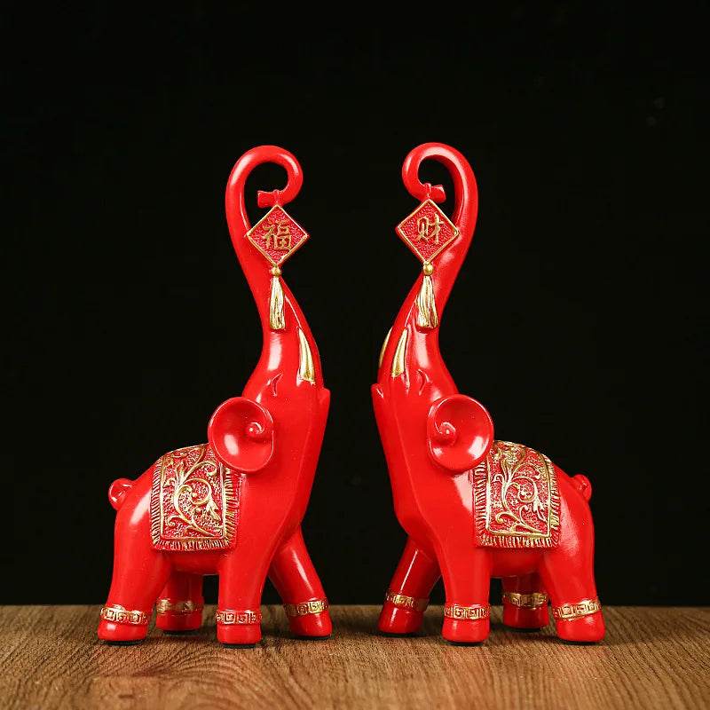 Chinese Lucky Elephant Figurine Pair - Feng Shui Wealth Elephant Statues for Home & Office Decor Red