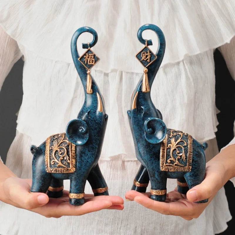 Chinese Lucky Elephant Figurine Pair - Feng Shui Wealth Elephant Statues for Home & Office Decor