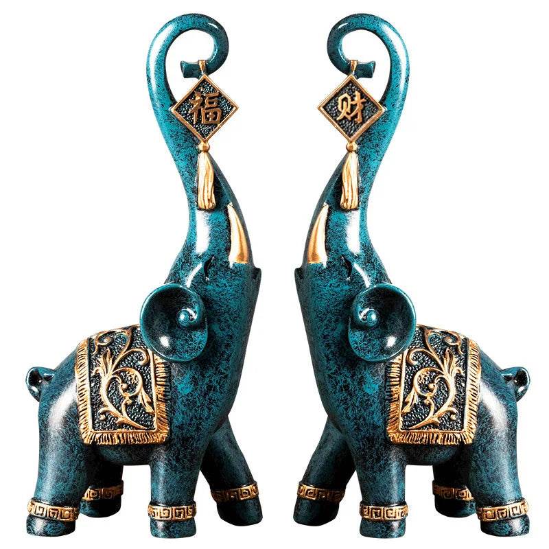 Chinese Lucky Elephant Figurine Pair - Feng Shui Wealth Elephant Statues for Home & Office Decor As Show