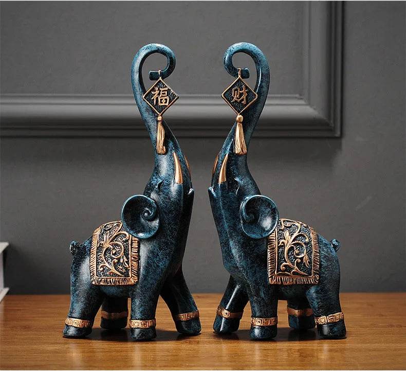 Chinese Lucky Elephant Figurine Pair - Feng Shui Wealth Elephant Statues for Home & Office Decor
