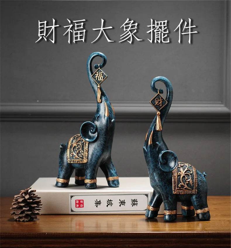 Chinese Lucky Elephant Figurine Pair - Feng Shui Wealth Elephant Statues for Home & Office Decor