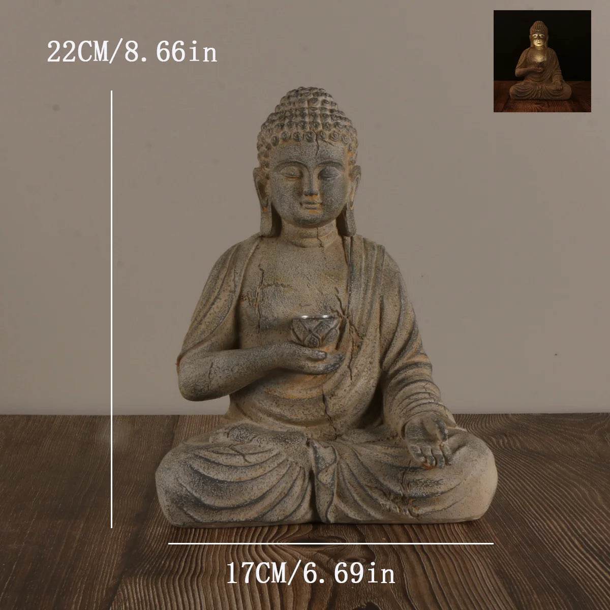Thai Blessing Co solar powered Buddha garden statue 22 cm high 17 cm wide seated meditating Buddha holding lotus light