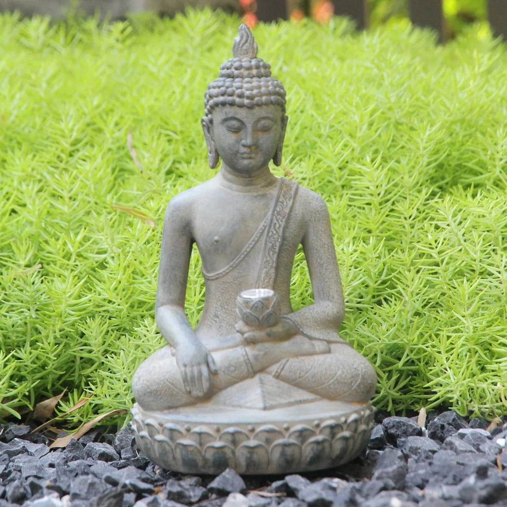 Thai Blessing Co solar powered Buddha garden statue in meditation pose on lotus base for outdoor garden decor