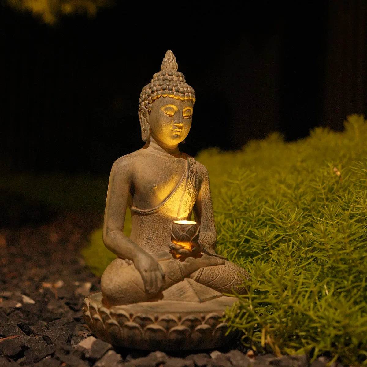 Thai Blessing Co solar powered Buddha garden statue meditating figure with warm LED light for nighttime garden decor