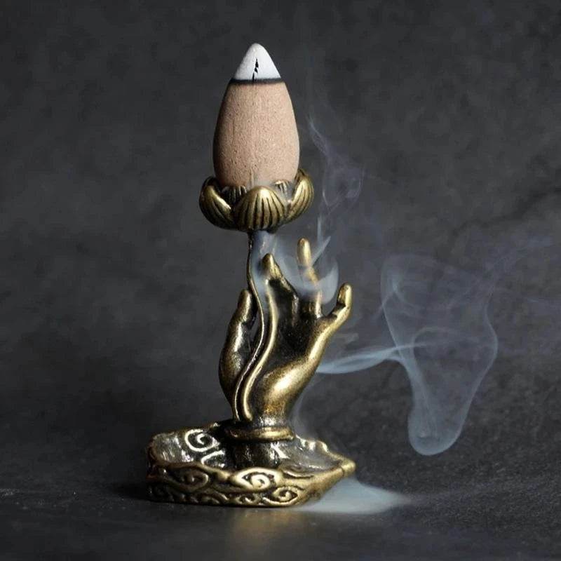 Antique Brass Buddha Incense Burner – Zen-Inspired Graphite Alloy Backflow Stand for Tea Rooms & Mindful Interiors