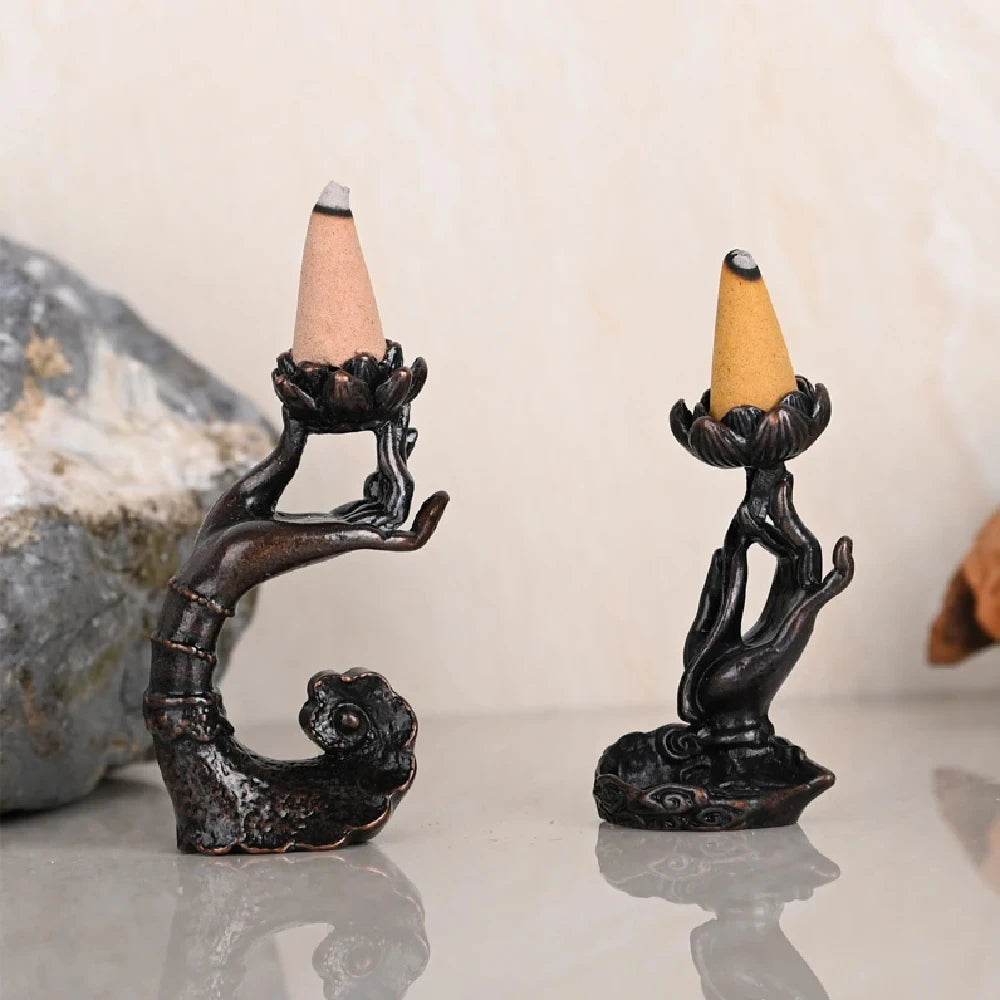 Antique Brass Buddha Incense Burner – Zen-Inspired Graphite Alloy Backflow Stand for Tea Rooms & Mindful Interiors