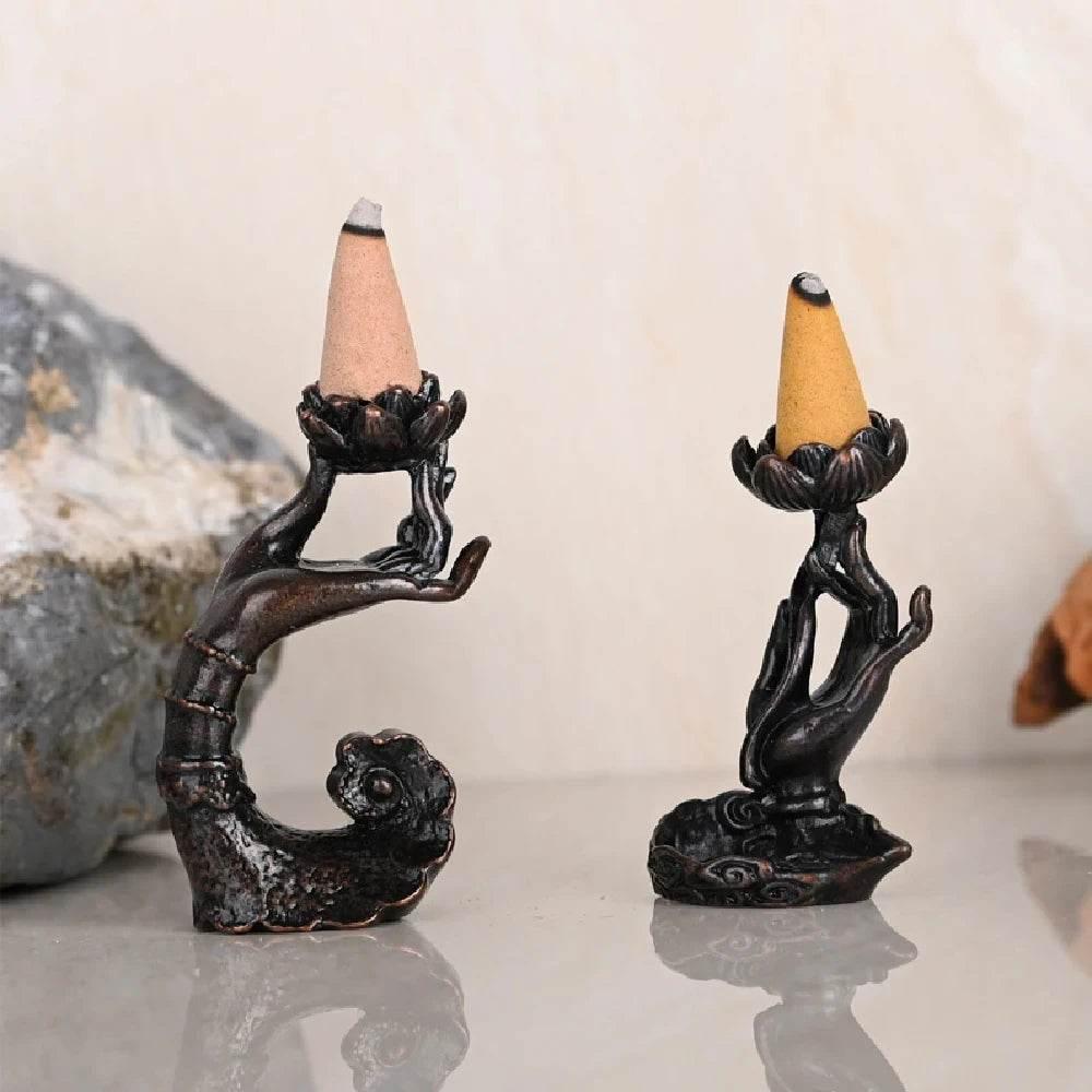 Antique Brass Buddha Incense Burner – Zen-Inspired Graphite Alloy Backflow Stand for Tea Rooms & Mindful Interiors