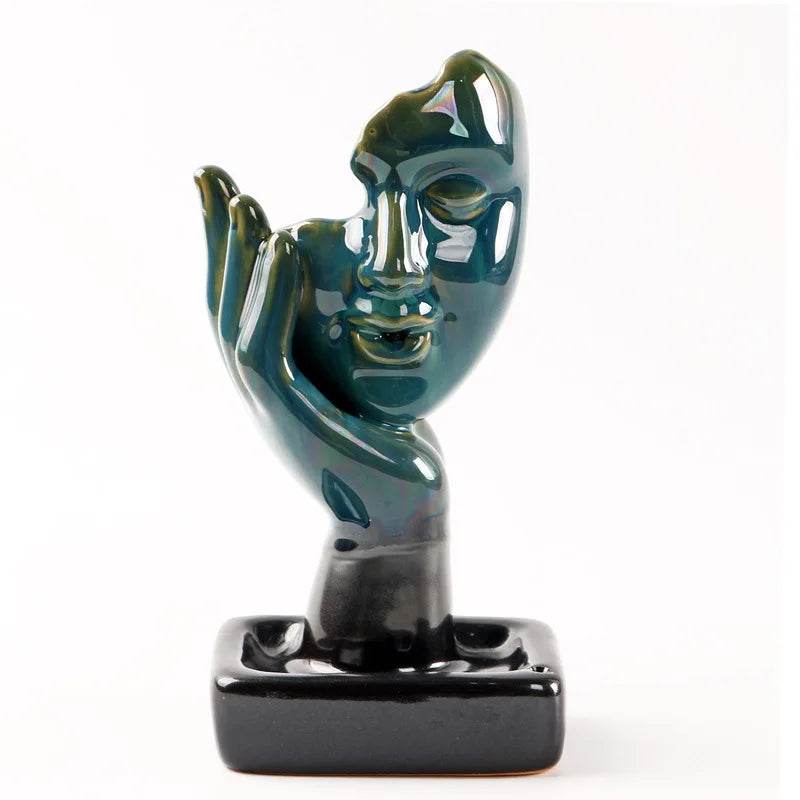Thai Blessing Co ceramic green glossy face sculpture backflow incense burner for home on black rectangular base
