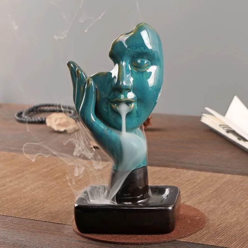Teal Backflow Incense Burner for Home - Ceramic Sandalwood Incense Stick Holder