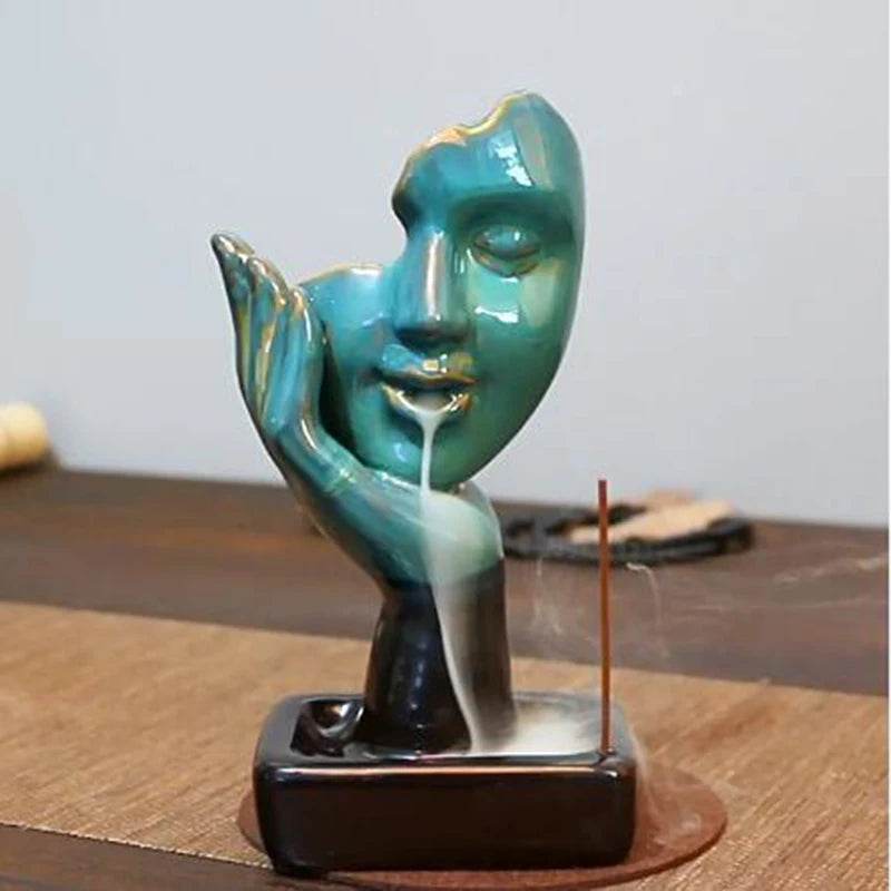 Thai Blessing Co teal ceramic face sculpture backflow incense burner for home with cascading smoke