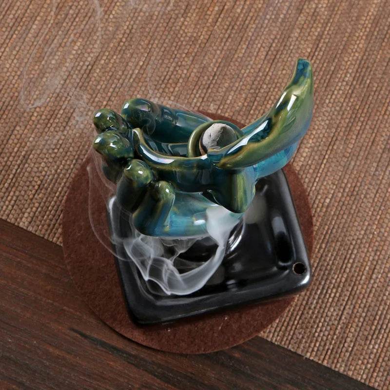 Thai Blessing Co ceramic waterfall style backflow incense burner for home in blue green glaze with cascading smoke