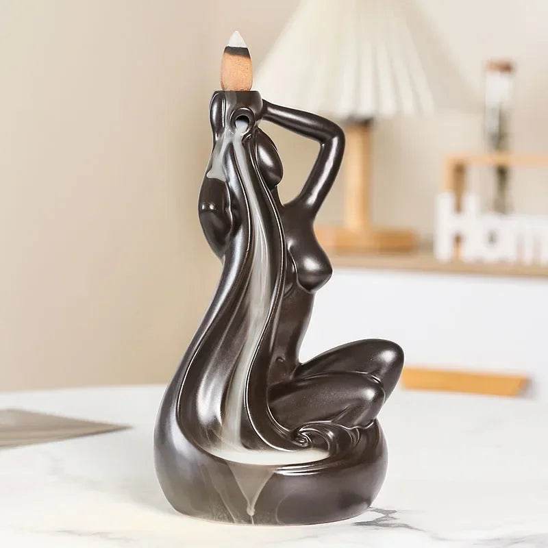Thai Blessing Co ceramic backflow incense burner sculpted seated woman with flowing hair and cascading smoke