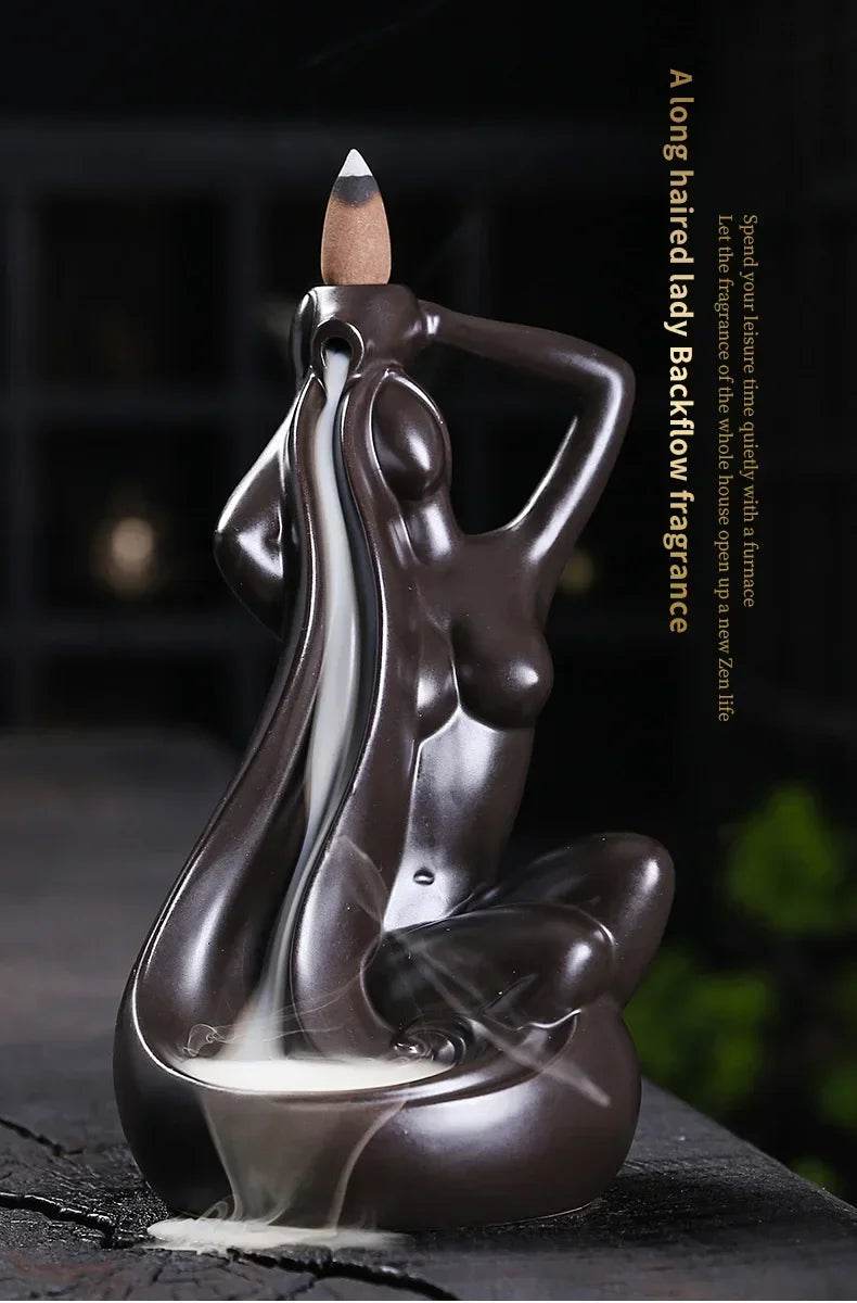 Thai Blessing Co ceramic backflow incense burner long haired seated lady statue with cascading smoke