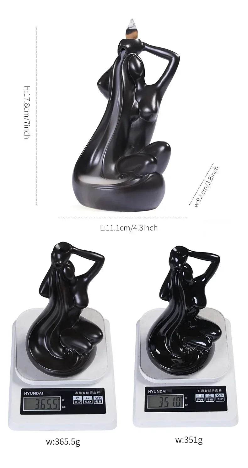 Thai Blessing Co ceramic backflow incense burner glossy black seated woman statue about 13 cm tall