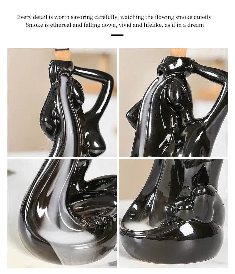 Thai Blessing Co ceramic backflow incense burner glossy black sculptural female figure with flowing smoke