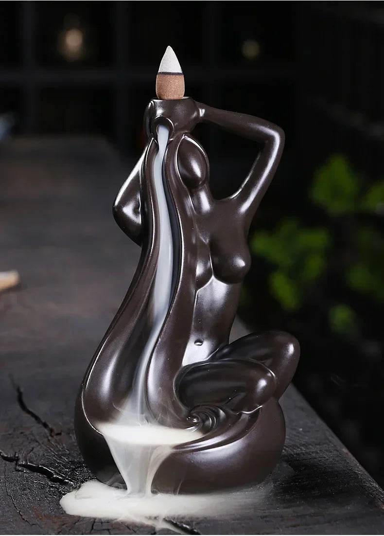 Thai Blessing Co ceramic backflow incense burner dark brown seated female sculpture with waterfall smoke