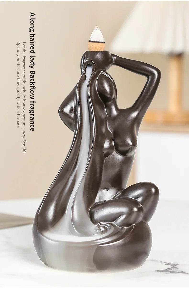 ceramic backflow incense burner long haired seated lady statue with cascading smoke hair for home decor