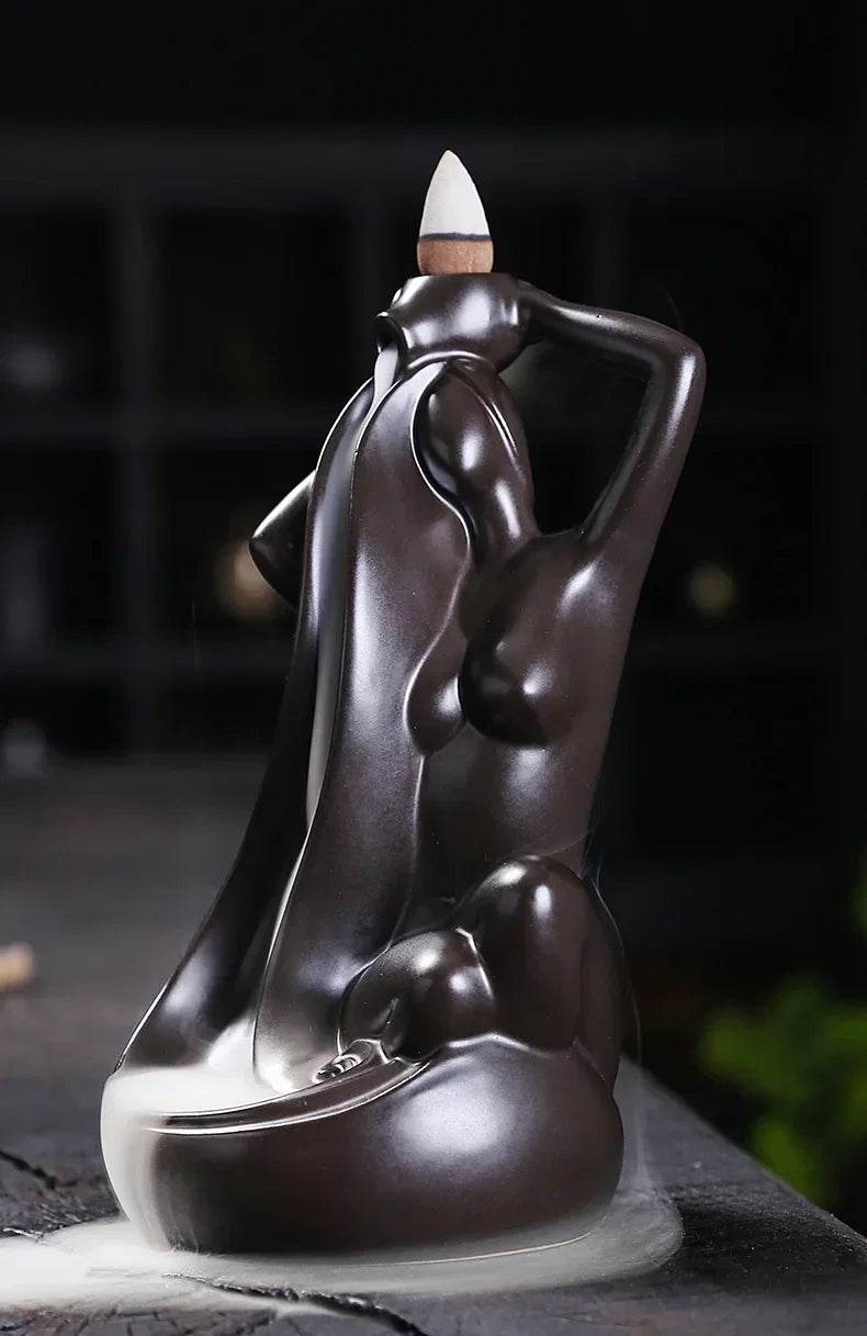 Thai Blessing Co ceramic backflow incense burner dark brown sculpted female figure with cascading smoke waterfall