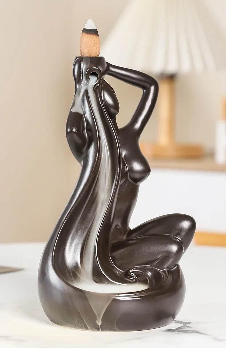 Thai Blessing Co ceramic backflow incense burner sculpted dark brown goddess pouring hair smoke cascade