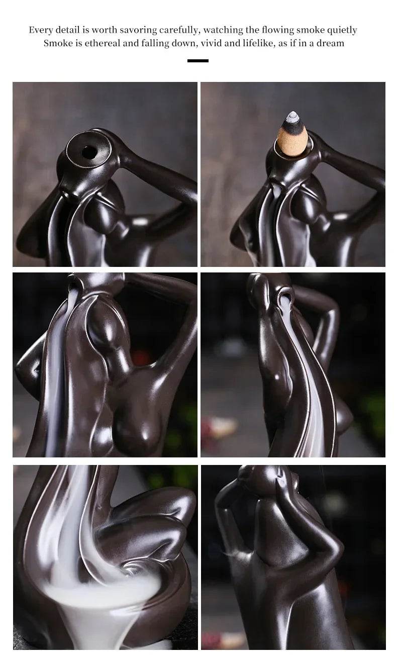 Glossy dark ceramic backflow incense burner shaped as meditative female figure with cascading smoke waterfall